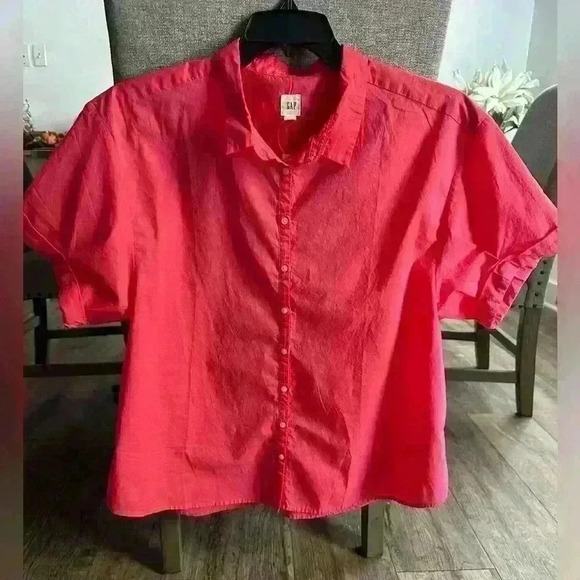 GAP Hot Pink Oversized Short Sleeve Button Up Top XL - Picture 1 of 3